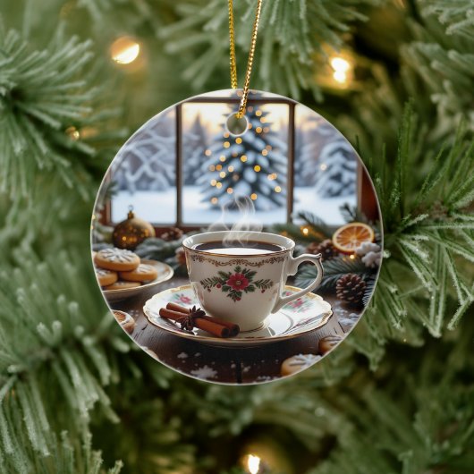 Kerstkoffie en koekjes Winter Window Scene Keramisch Ornament (Boom)