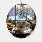 Kerstkoffie en koekjes Winter Window Scene Keramisch Ornament (Links)