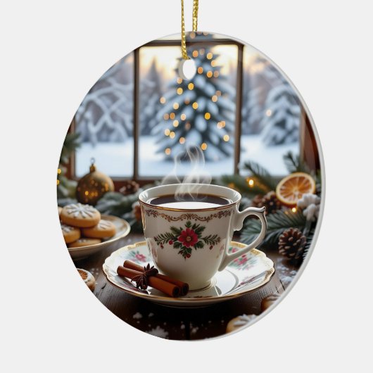 Kerstkoffie en koekjes Winter Window Scene Keramisch Ornament (Links)
