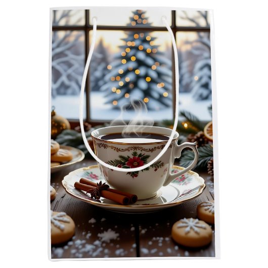 Kerstkoffie en koekjes Winter Window Scene Medium Cadeauzakje (Voorkant)