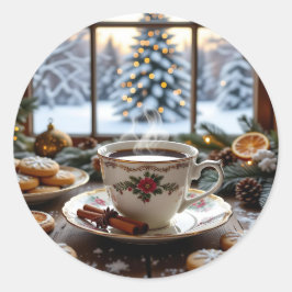 Kerstkoffie en koekjes Winter Window Scene Ronde Sticker