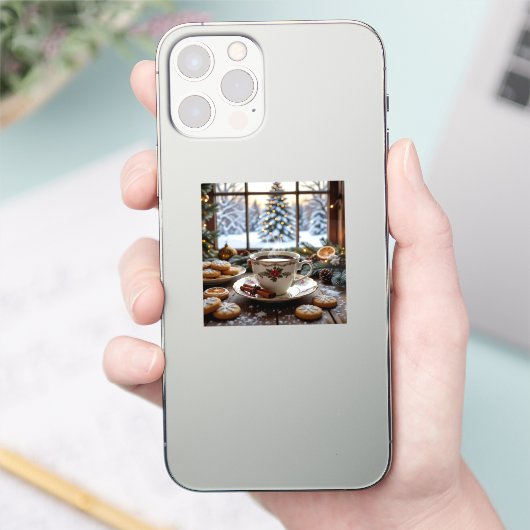 Kerstkoffie en koekjes Winter Window Scene Sticker (Telefoon)