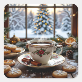 Kerstkoffie en koekjes Winter Window Scene Vierkante Sticker