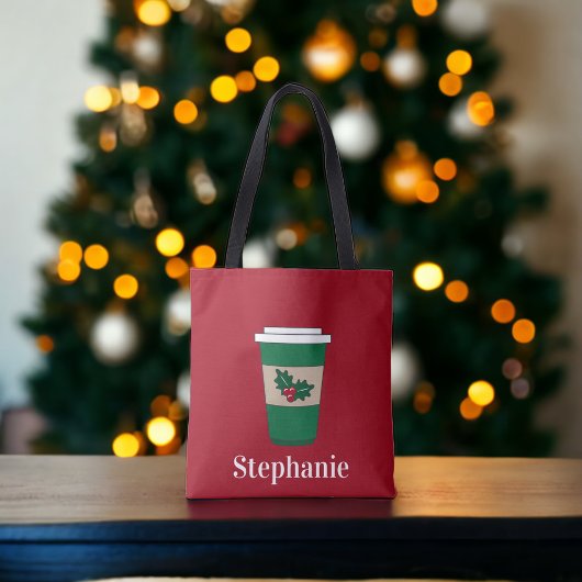 Kerstkoffie Holly gepersonaliseerd Tote Bag