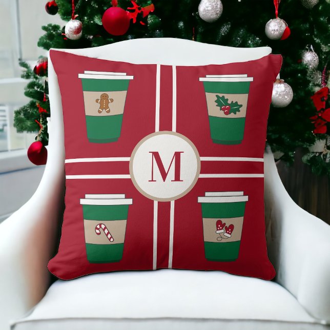 Kerstkoffie Rood Monogram Rode Kussen (Creator heeft geüpload)