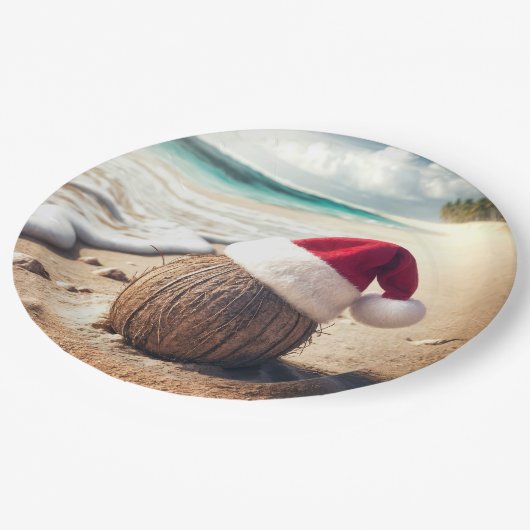 Kerstkokosnoot met kerstmuts papieren bordje (Gekanteld)