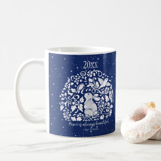 Kerstkonijn Blauw Witte Vrede Vogelsneeuw Aangepas Koffiemok (Met donut)