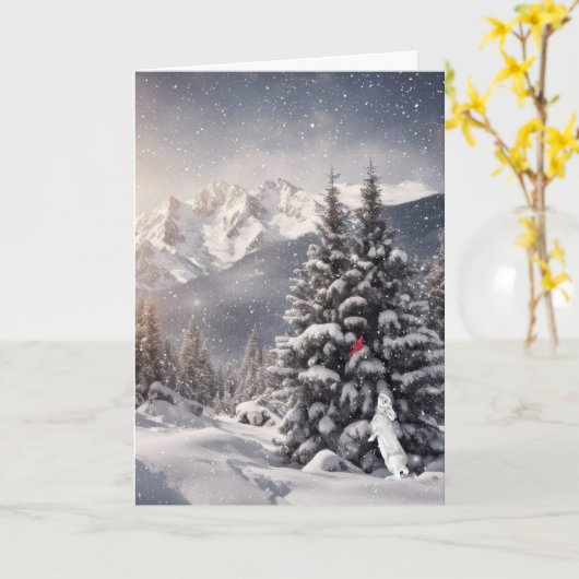 Kerstkonijn en kardinalen in sneeuwvlokken kaart (Gele Bloem)
