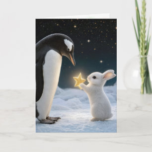 Kerstkonijn en pinguïn met neonster kaart