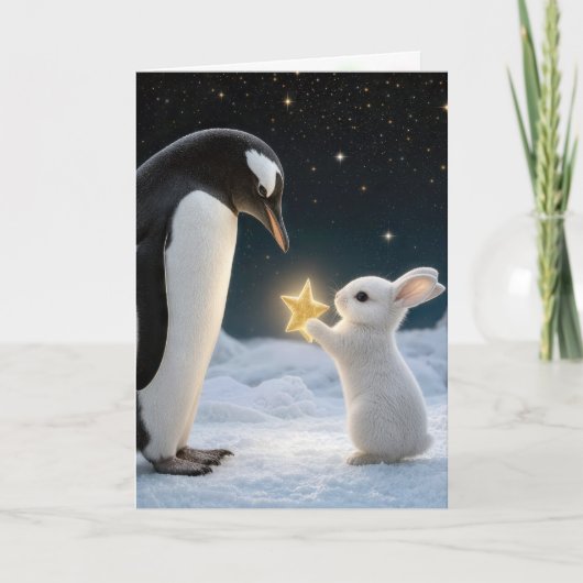 Kerstkonijn en pinguïn met neonster kaart (Voorkant)