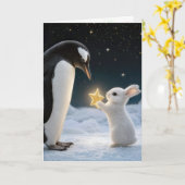 Kerstkonijn en pinguïn met neonster kaart (Gele Bloem)