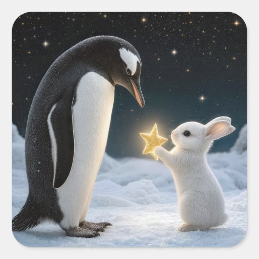 Kerstkonijn en pinguïn met neonster vierkante sticker (Voorkant)