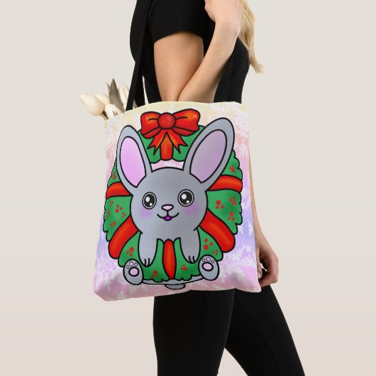 Kerstkonijn in krans met pastelsneeuwvlokken tote bag (Dichtbij)