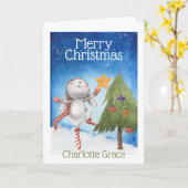 Kerstkonijn Konijn Versiert Boom In Sneeuw Kaart (Gele Bloem)