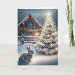 Kerstkonijn met gloeiende boom en schuur kaart