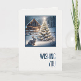 Kerstkonijn met gloeiende boom en schuur kaart