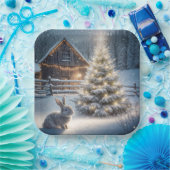 Kerstkonijn met gloeiende boom en schuur papieren bordje (Feest)