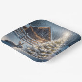 Kerstkonijn met gloeiende boom en schuur papieren bordje (Gebogen)