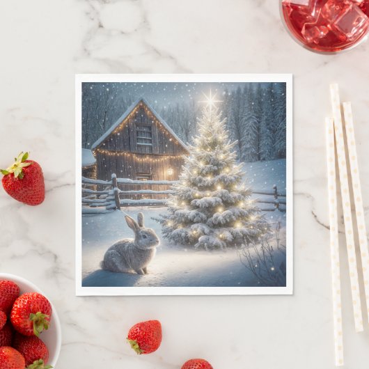 Kerstkonijn met gloeiende boom en schuur servet (Insitu)