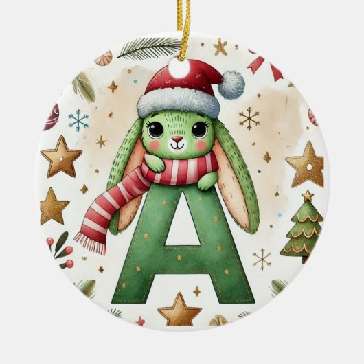 Kerstkonijn met letter A - Waterverf vakantie Keramisch Ornament (Voorkant)