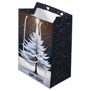 Kerstkonijn met witte dennenboom medium cadeauzakje