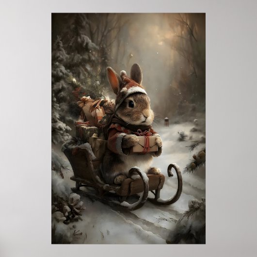 Kerstkonijn op slee, knusse winterdierkunst poster (Voorkant)