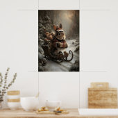 Kerstkonijn op slee, knusse winterdierkunst poster (Keuken)