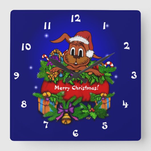 kerstkonijn vierkante klok (Voorkant)