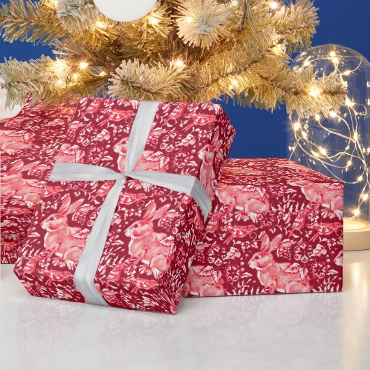 Kerstkonijn, vogelbos, Floral Pattern Cadeaupapier (Feestdagen)