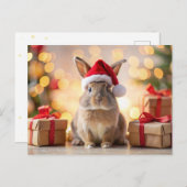 Kerstkonijn zittend met een kerstmuts feestdagenkaart (Voorkant / Achterkant)