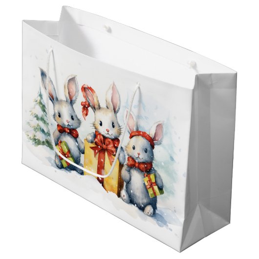 Kerstkonijnen met geschenken groot cadeauzakje (Voorkant Gekanteld)