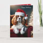 Kerstkoning Charles Spaniel op een rode stoel Feestdagen Kaart (Voorkant)