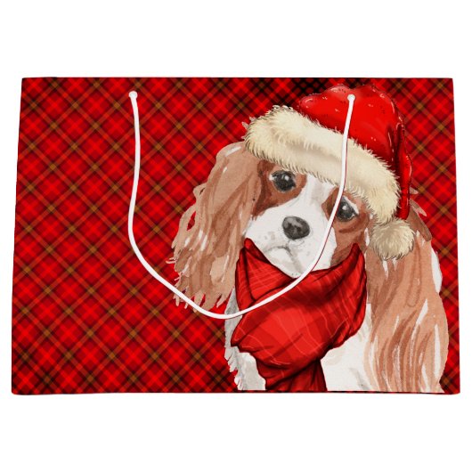 Kerstkoning Charles Terrier Hond en Red Plaid Groot Cadeauzakje (Voorkant)