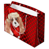 Kerstkoning Charles Terrier Hond en Red Plaid Groot Cadeauzakje (Achterkant Gekanteld)