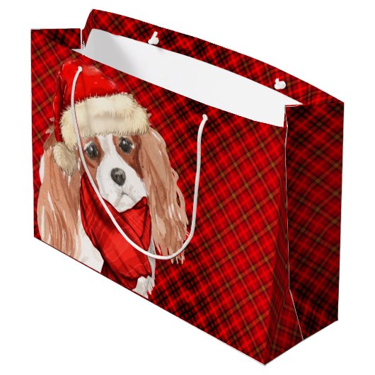 Kerstkoning Charles Terrier Hond en Red Plaid Groot Cadeauzakje (Achterkant Gekanteld)