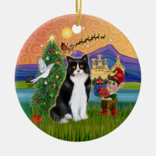 Kerstkoorts - Zwarte en witte Tuxedo-kat Keramisch Ornament