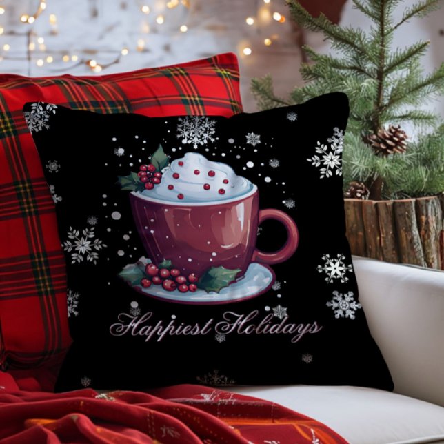 Kerstkop warme chocolademelk kussen (Black Christmas Cup of Hot Chocolate Throw Pillow)