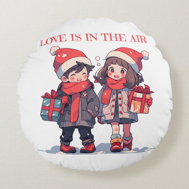 Kerstkoppel - Liefde is in de lucht Rond Kussen (Voorkant)