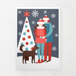 Kerstkoppel Met Hond En Boom Gepersonaliseerd Drieluik Wenskaart