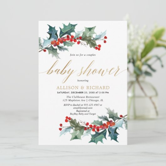Kerstkoppels baby shower Elegant rood goud Kaart (Staand voorkant)