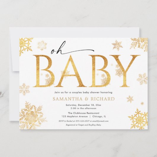 Kerstkoppels baby shower gouden sneeuwvlokken kaart (Voorkant)