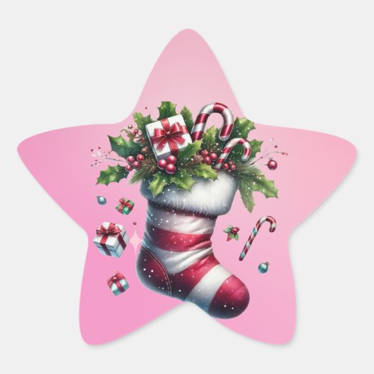 Kerstkous met geschenken en snoepjes ster sticker (Voorkant)