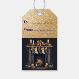 Kerstkousen bij de open haard cadeaulabel