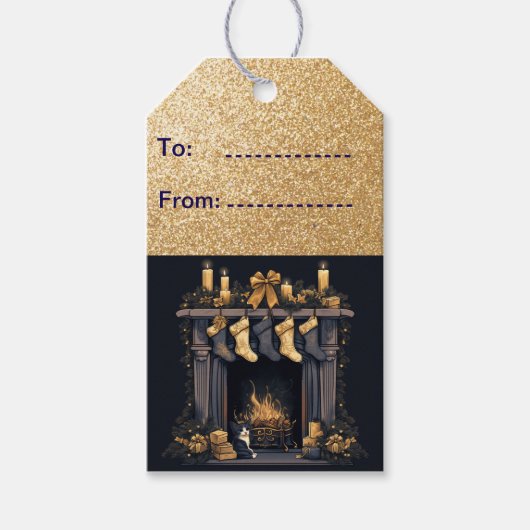 Kerstkousen bij de open haard cadeaulabel (Voorkant)