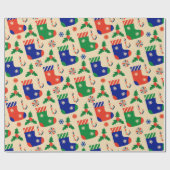 Kerstkousen, Candy Cane, Holly Berry Cadeaupapier (Vlak)