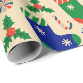Kerstkousen, Candy Cane, Holly Berry Cadeaupapier (Rol Hoek)