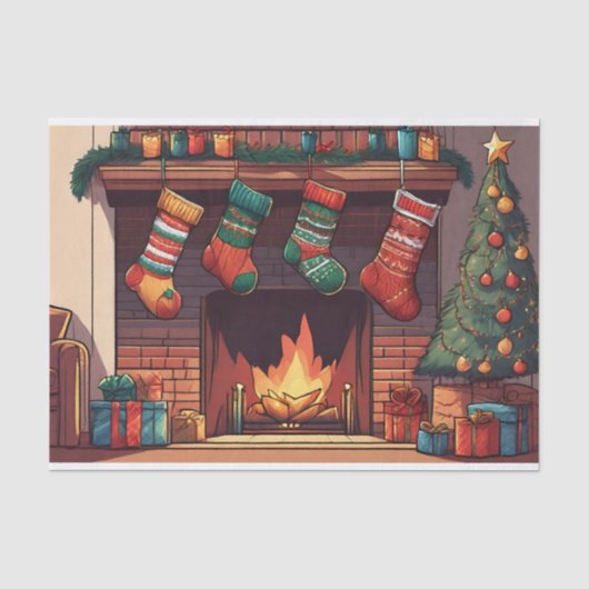 Kerstkousen hangen boven open haard tissuepapier (Voorkant)