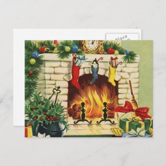 Kerstkousen open haard en decoraties feestdagenkaart (Voorkant / Achterkant)