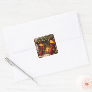 Kerstkousen opgehangen aan het vuur vierkante sticker