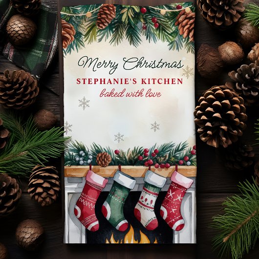 Kerstkousen over open haard gepersonaliseerd theedoek